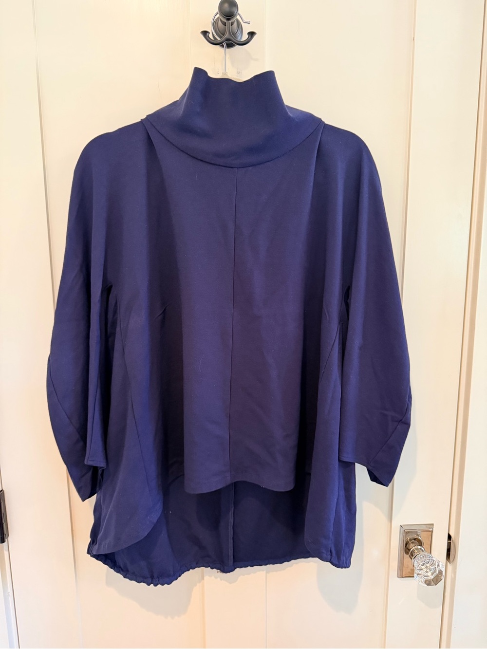 Tibi Large Navy Blue Funnel Mock Neck Tunic Top High Low Hem blouse